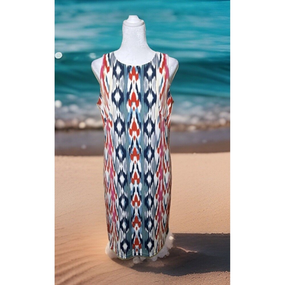 London Times Multicolor Ikat Striped Print Sleeveless Tank Dress Peephole Sz 10